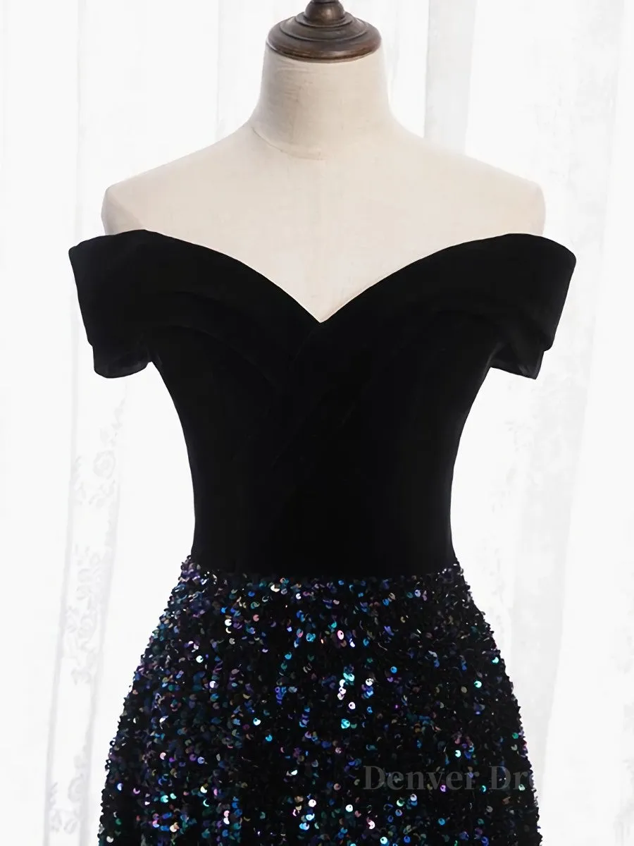 Shiny Off the Shoulder Black Prom Dresses with Corset Back Shiny Black Long Formal Evening Dresses