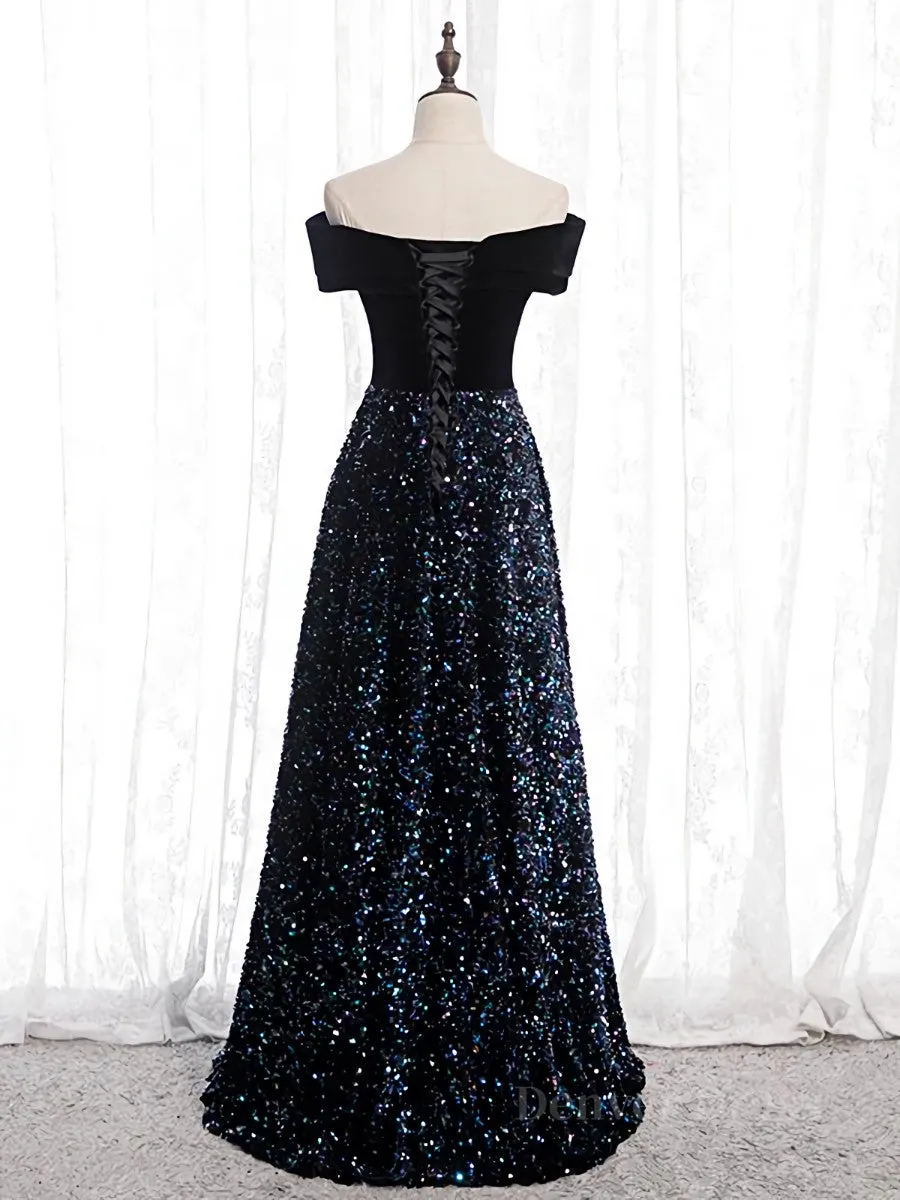 Shiny Off the Shoulder Black Prom Dresses with Corset Back Shiny Black Long Formal Evening Dresses