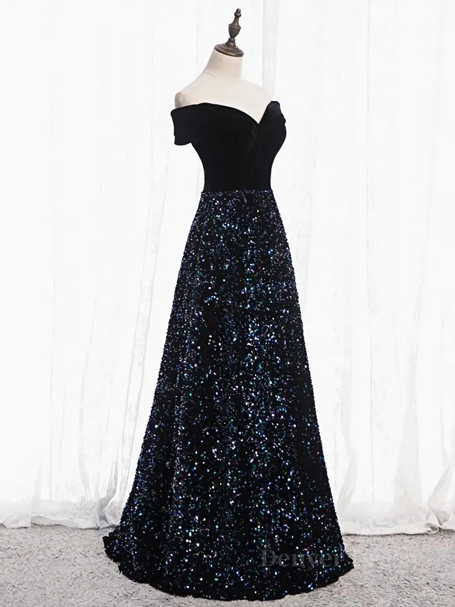 Shiny Off the Shoulder Black Prom Dresses with Corset Back Shiny Black Long Formal Evening Dresses