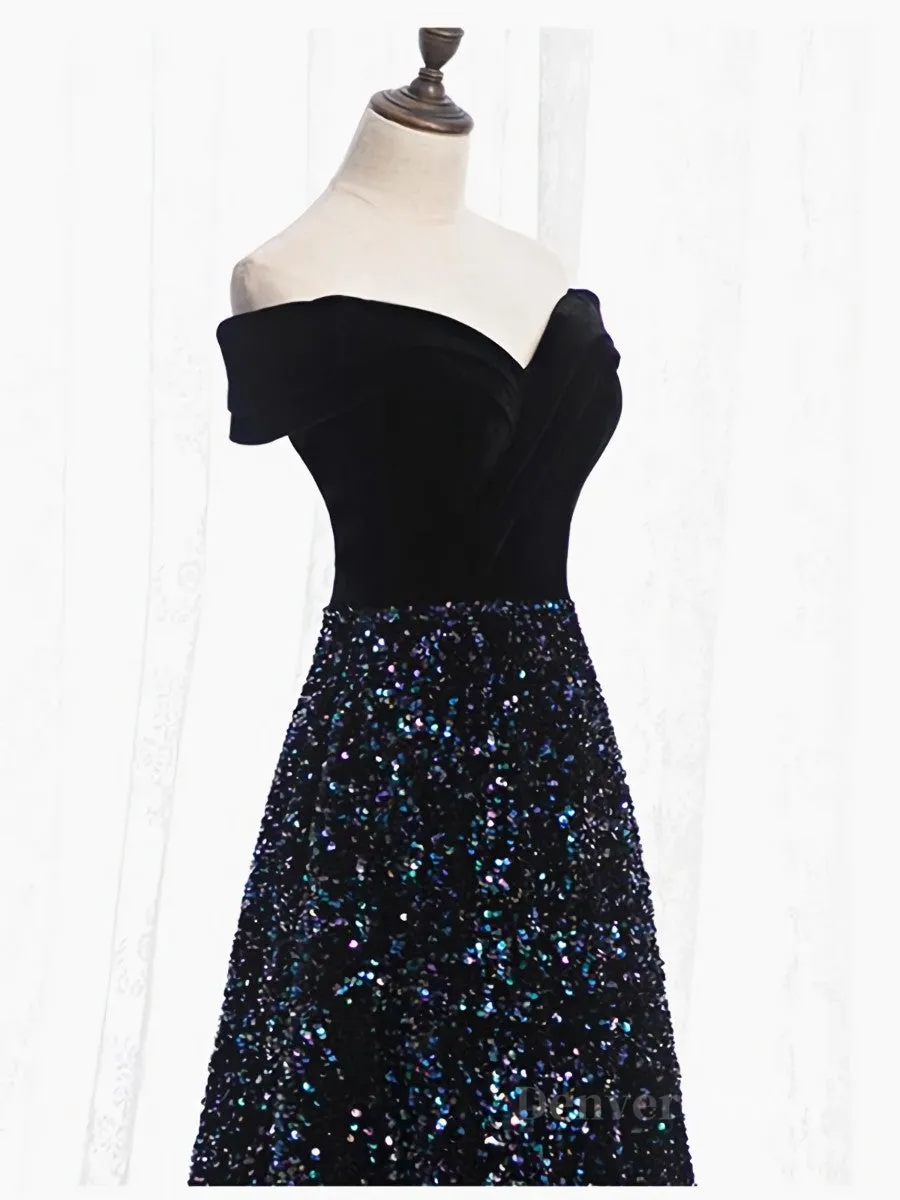 Shiny Off the Shoulder Black Prom Dresses with Corset Back Shiny Black Long Formal Evening Dresses