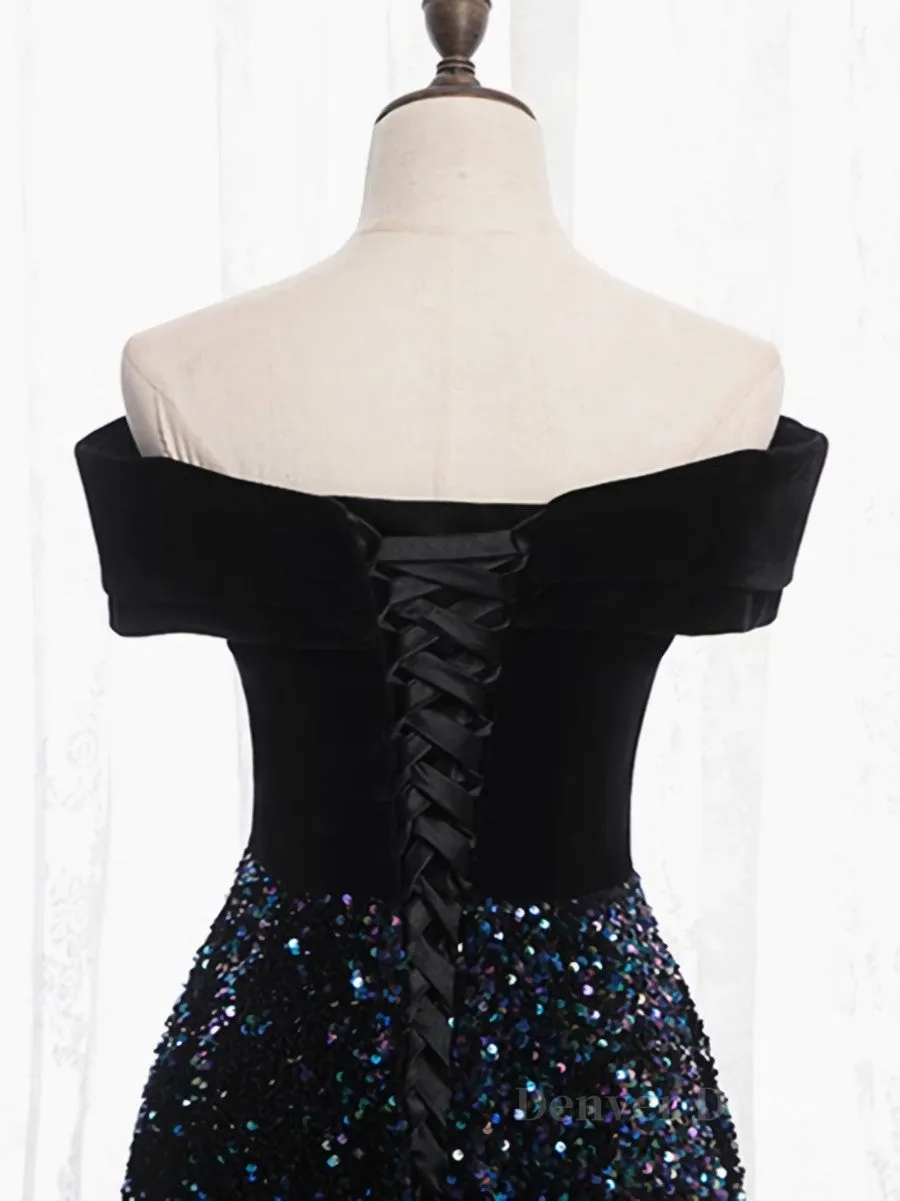 Shiny Off the Shoulder Black Prom Dresses with Corset Back Shiny Black Long Formal Evening Dresses