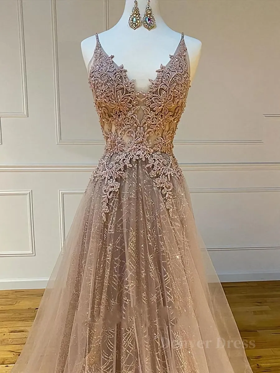 Shiny V Neck Champagne Lace Prom Dresses Champagne V Neck Lace Formal Graduation Evening Dresses