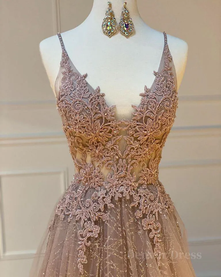 Shiny V Neck Champagne Lace Prom Dresses Champagne V Neck Lace Formal Graduation Evening Dresses