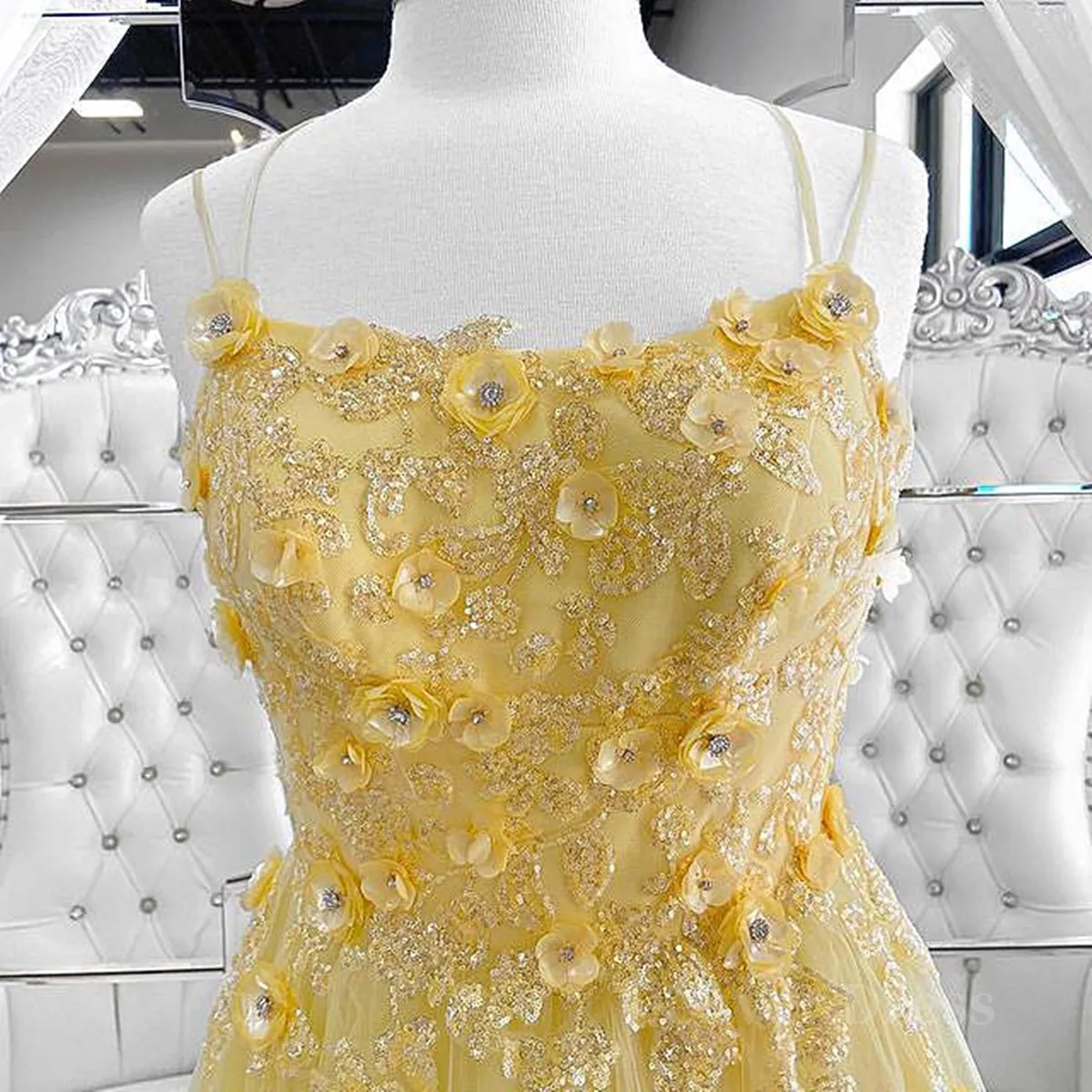 Shiny Yellow Lace Floral Prom Dresses Shiny Yellow Lace Floral Formal Evening Dresses