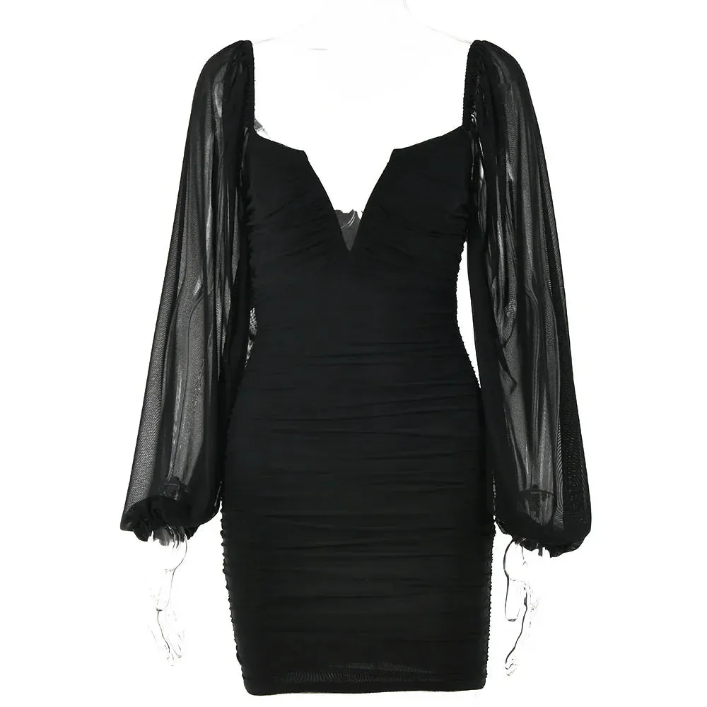Short Backless Lantern Elegant Neck 2024 V Club Party Autumn Sexy Ruched Mini Long Dress