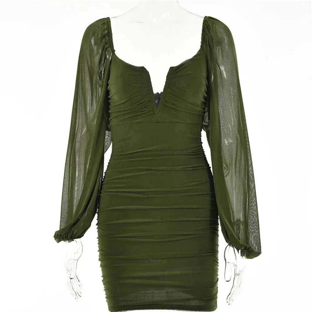 Short Backless Lantern Elegant Neck 2024 V Club Party Autumn Sexy Ruched Mini Long Dress