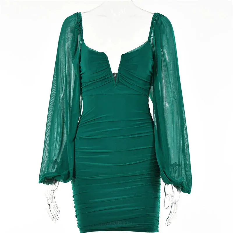 Short Backless Lantern Elegant Neck 2024 V Club Party Autumn Sexy Ruched Mini Long Dress