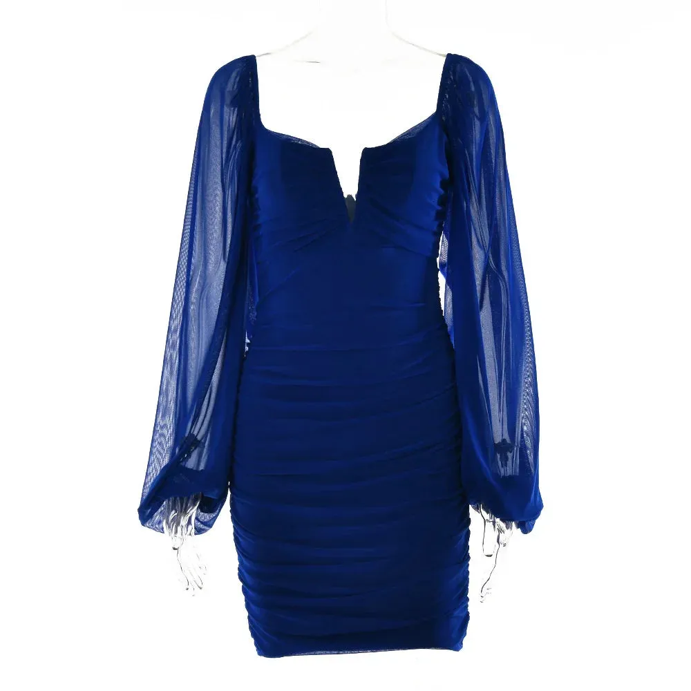 Short Backless Lantern Elegant Neck 2024 V Club Party Autumn Sexy Ruched Mini Long Dress