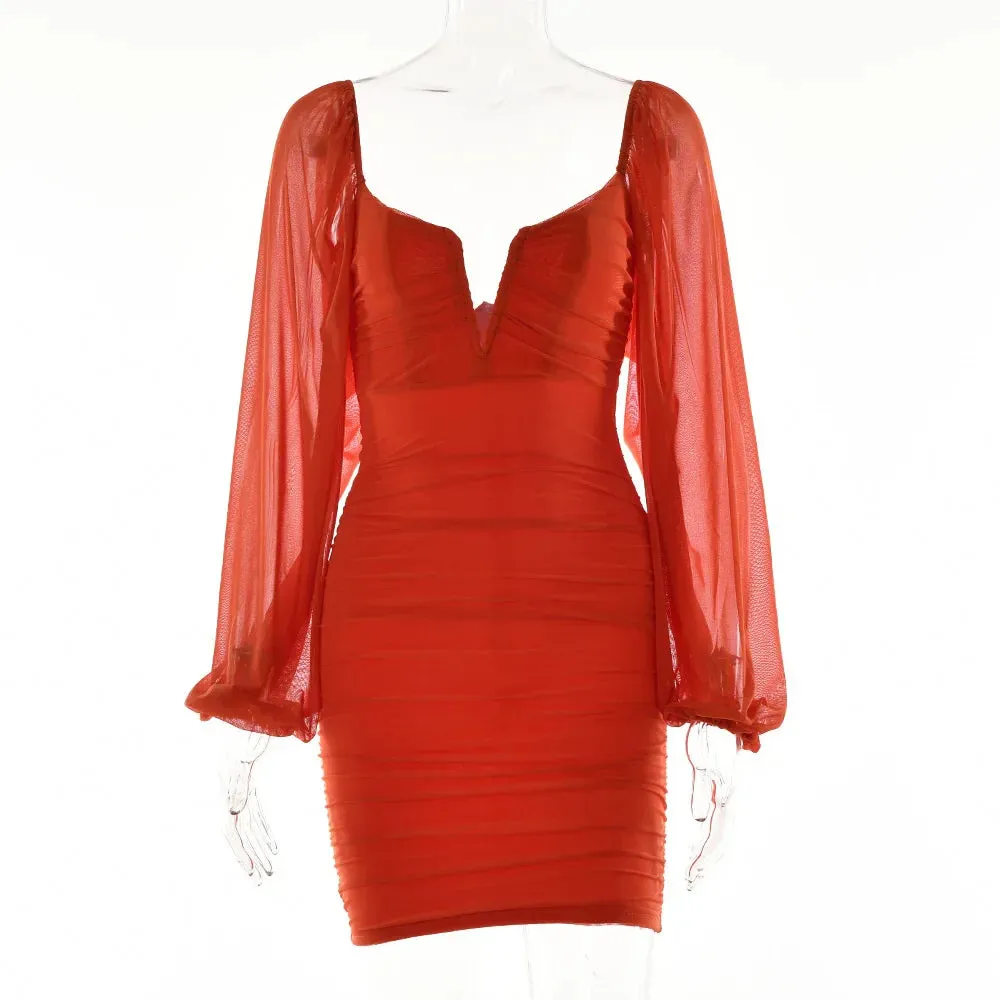Short Backless Lantern Elegant Neck 2024 V Club Party Autumn Sexy Ruched Mini Long Dress