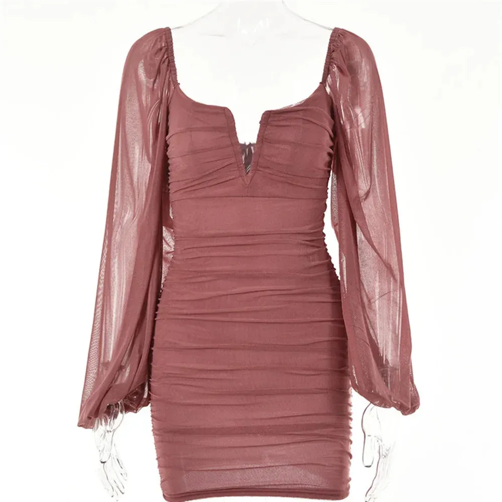 Short Backless Lantern Elegant Neck 2024 V Club Party Autumn Sexy Ruched Mini Long Dress