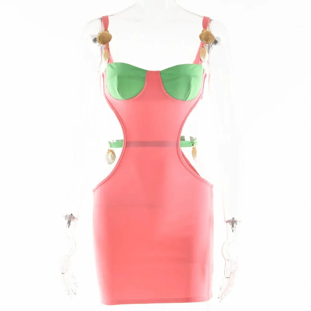 Short Split Summer Hollow Dresses Backless Party 2024 Sexy Women Club Patchwork Mini Bodycon Dress