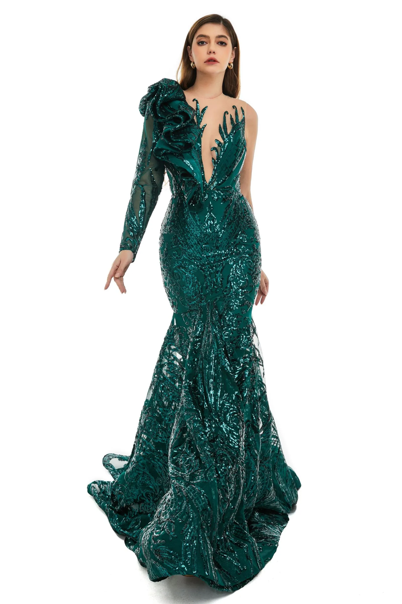 Silver Mermaid One Sleeve Prom Dresses Sequined Lace Jewel Ruffles Evening Party Dress with Appliques