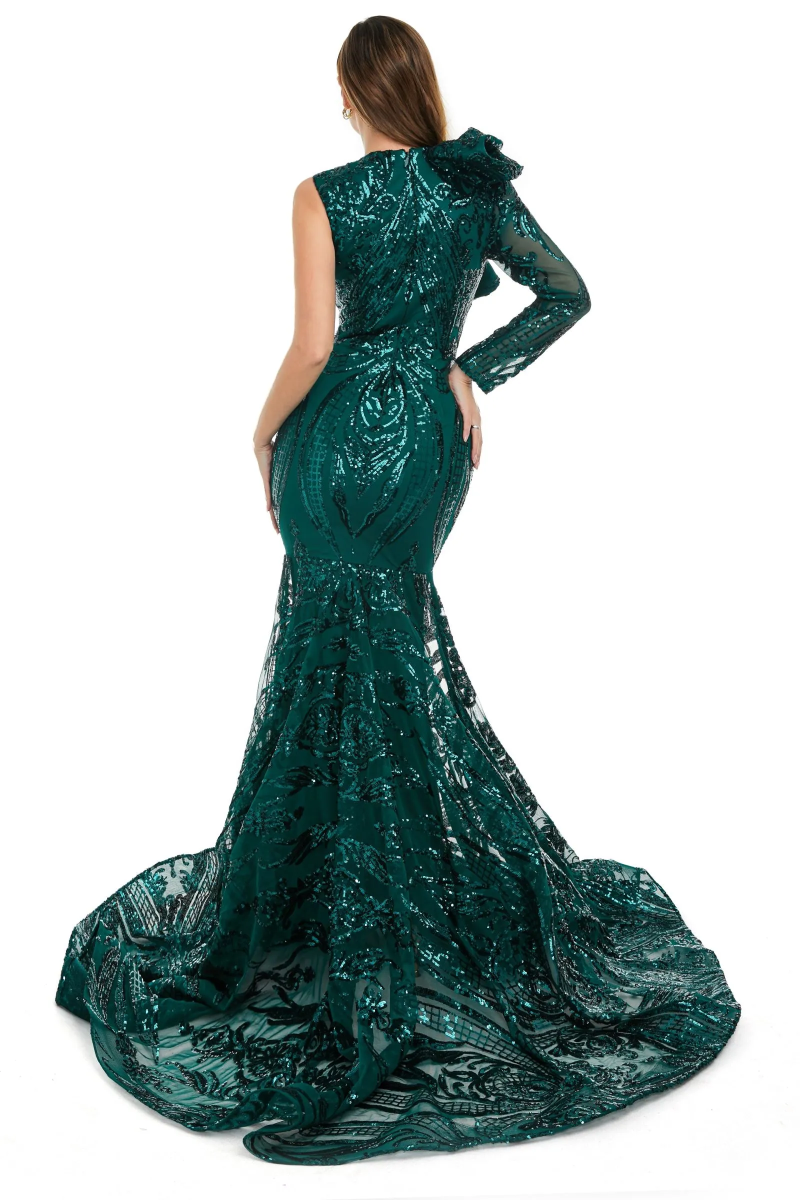 Silver Mermaid One Sleeve Prom Dresses Sequined Lace Jewel Ruffles Evening Party Dress with Appliques