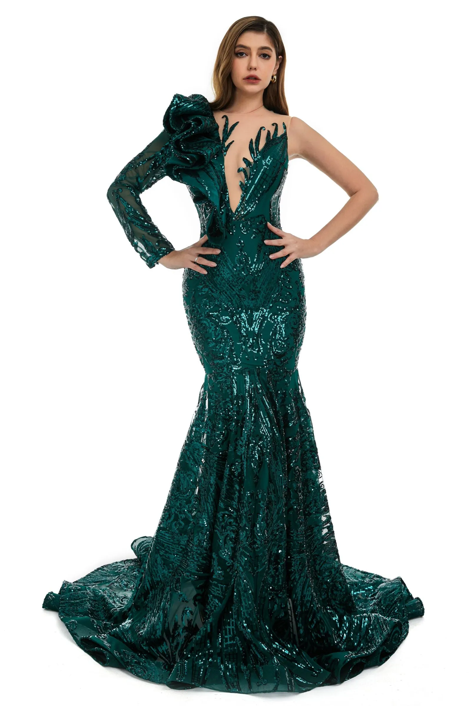 Silver Mermaid One Sleeve Prom Dresses Sequined Lace Jewel Ruffles Evening Party Dress with Appliques