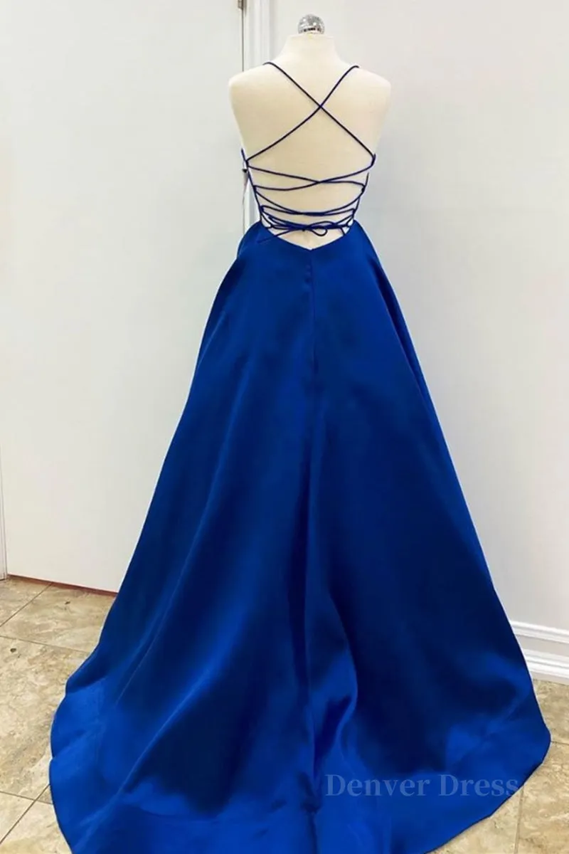 Simple V Neck Backless Royal Blue Satin Long Prom Dress Royal Blue Backless Formal Dress Royal Blue Evening Dress Ball Gown