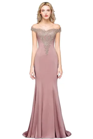 Stunning Off-the-Shoulder Gold Appliques Mermaid Evening Gown Floor Length Prom Dress