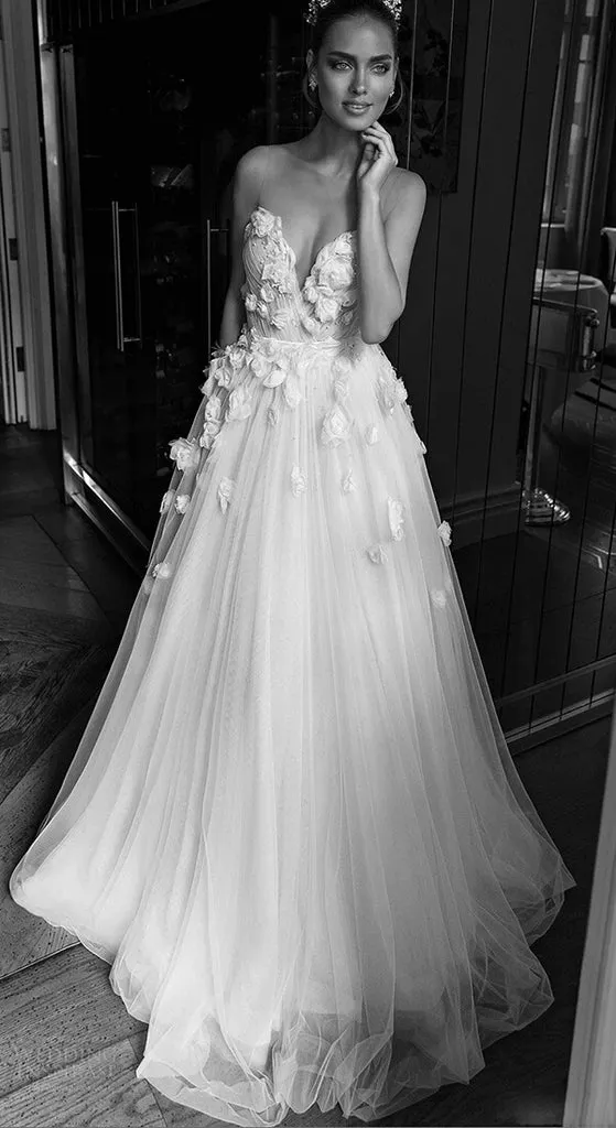 Sweetheart Beaded Tulle Wedding Dress Floral Bridal Gown
