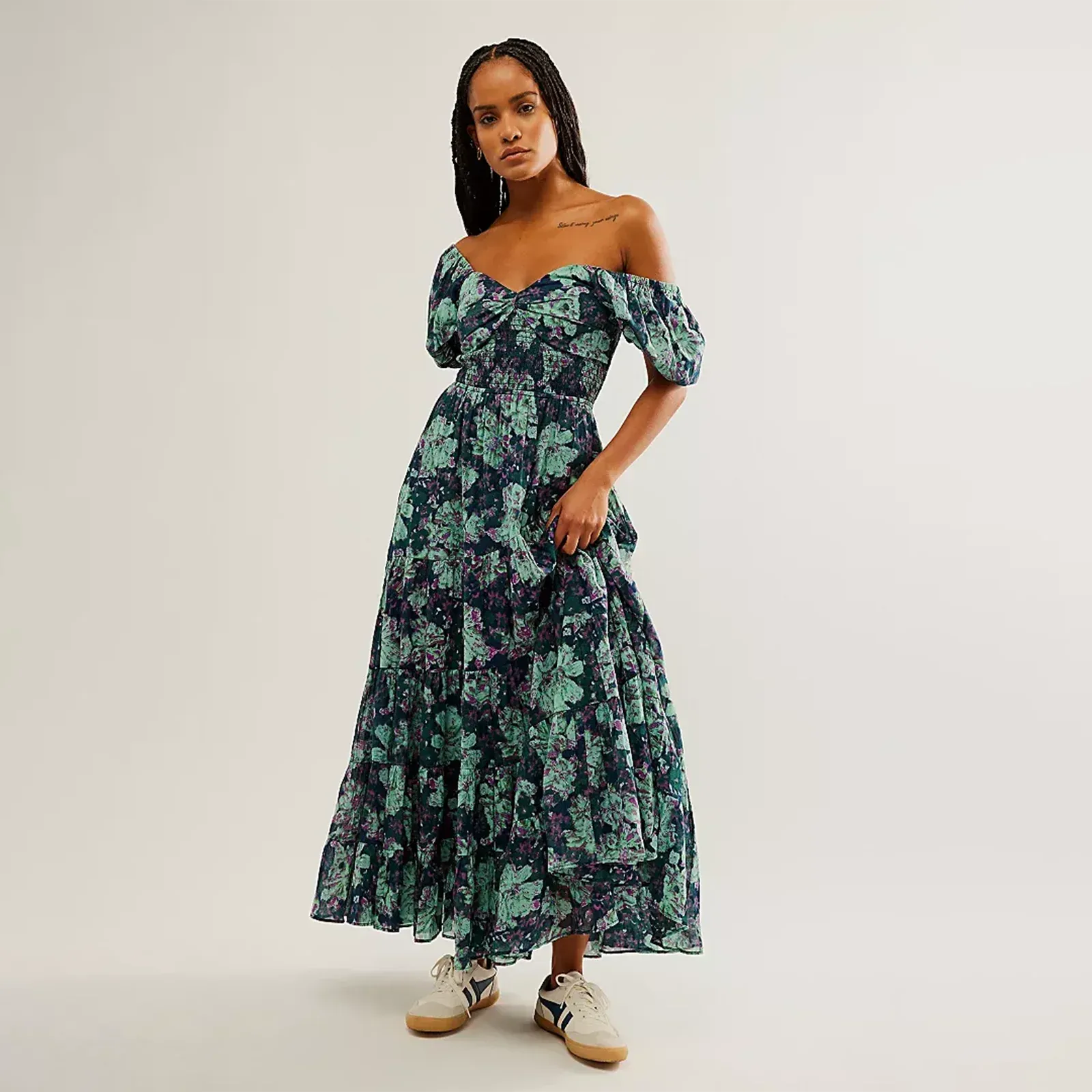 Sweetheart Neck Tunic Maxi Boho Dress with Floral Print