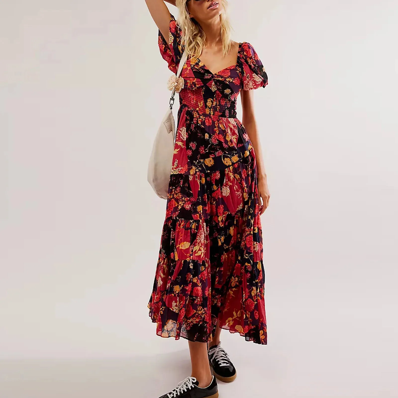 Sweetheart Neck Tunic Maxi Boho Dress with Floral Print