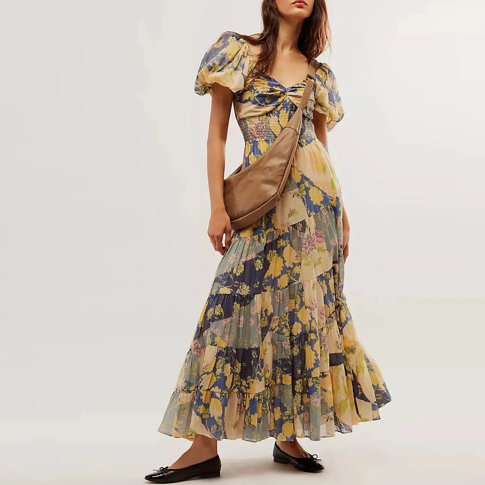 Sweetheart Neck Tunic Maxi Boho Dress with Floral Print