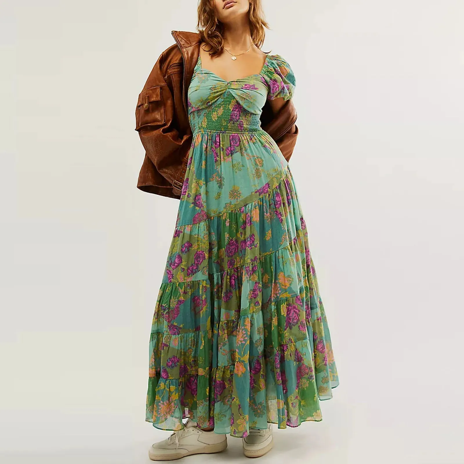 Sweetheart Neck Tunic Maxi Boho Dress with Floral Print