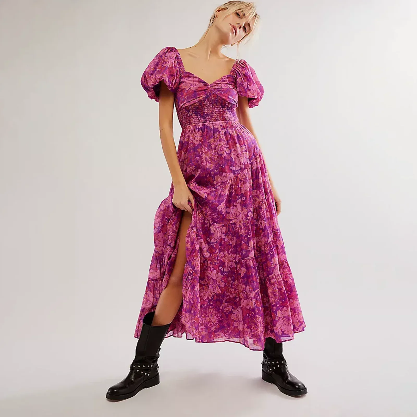 Sweetheart Neck Tunic Maxi Boho Dress with Floral Print
