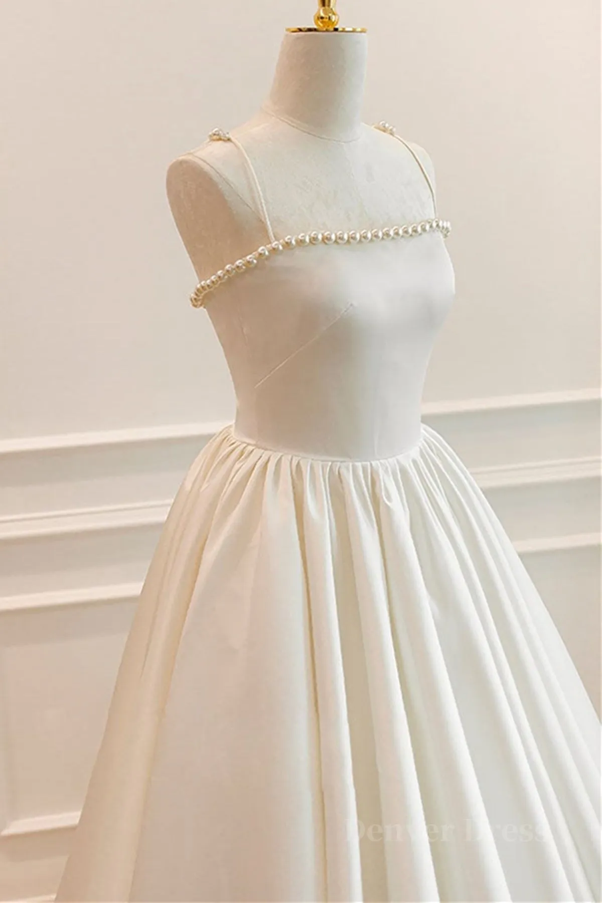 Thin Straps Open Back Ivory Satin Long Prom Dresses with Pearls Long Ivory Formal Graduation Evening Dresses