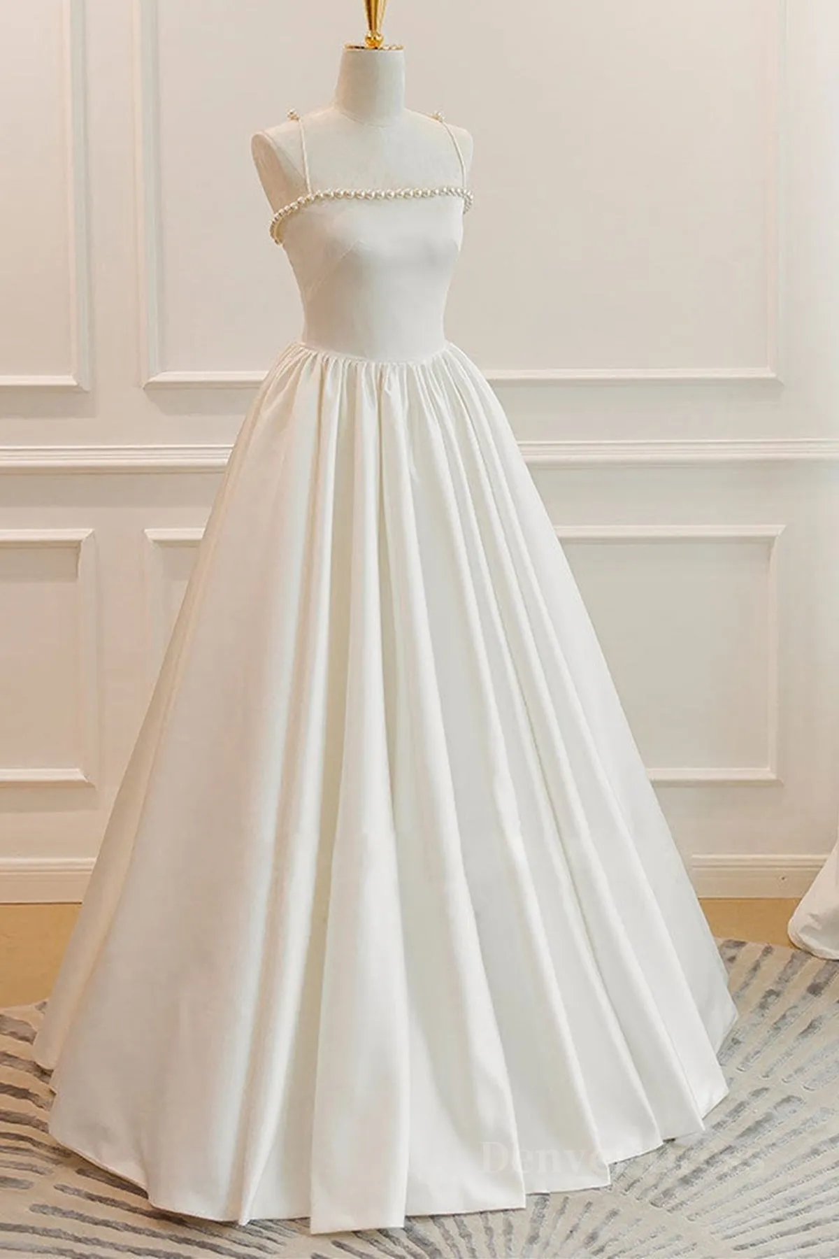 Thin Straps Open Back Ivory Satin Long Prom Dresses with Pearls Long Ivory Formal Graduation Evening Dresses
