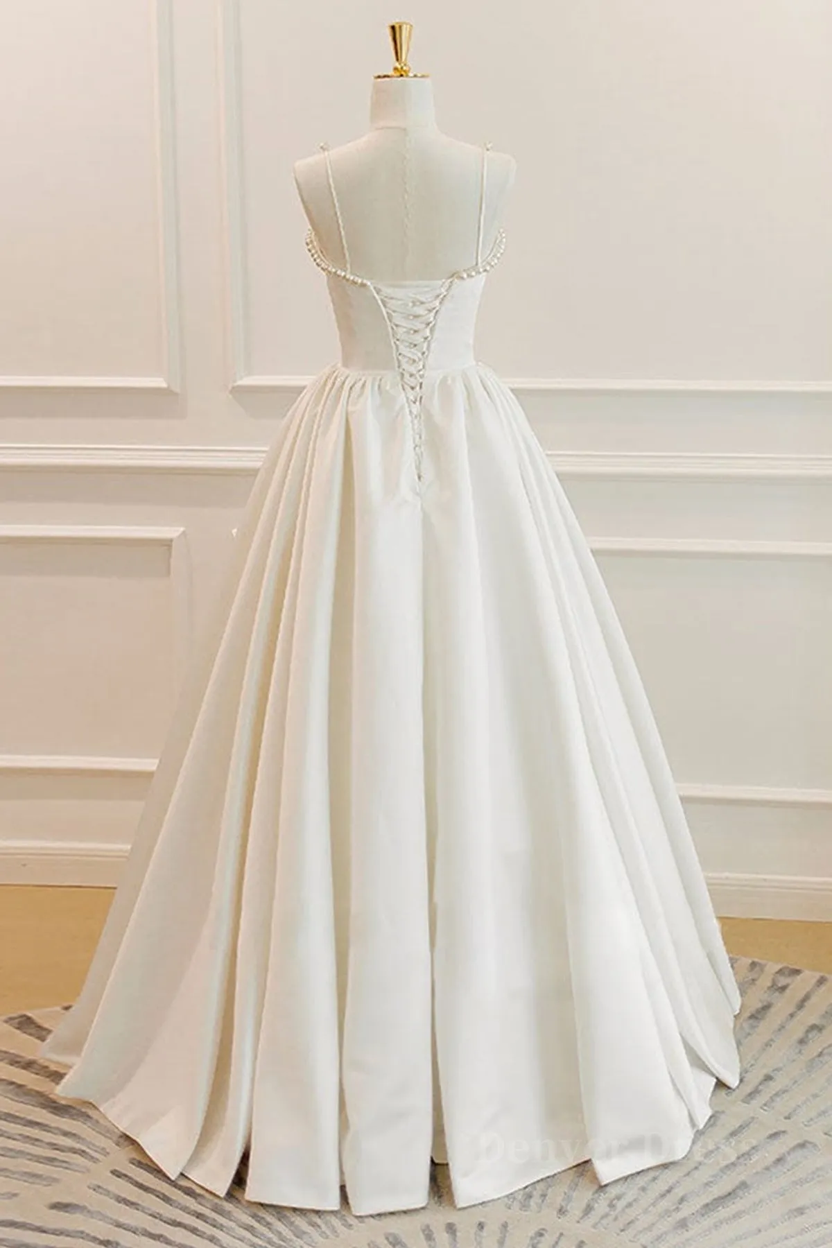 Thin Straps Open Back Ivory Satin Long Prom Dresses with Pearls Long Ivory Formal Graduation Evening Dresses