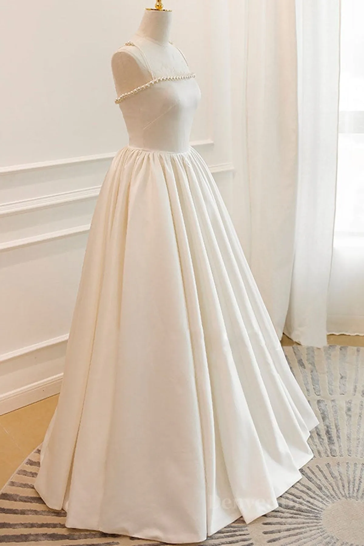 Thin Straps Open Back Ivory Satin Long Prom Dresses with Pearls Long Ivory Formal Graduation Evening Dresses