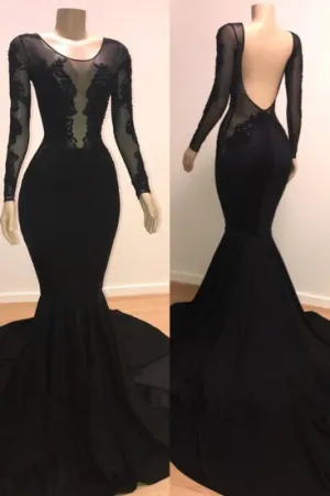 Unique Scoop Long Sleeves Backless Lace Appliques Tulle Sexy Mermaid Prom Dresses