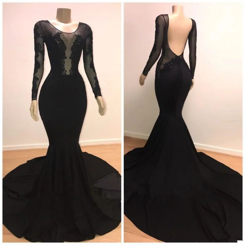 Unique Scoop Long Sleeves Backless Lace Appliques Tulle Sexy Mermaid Prom Dresses