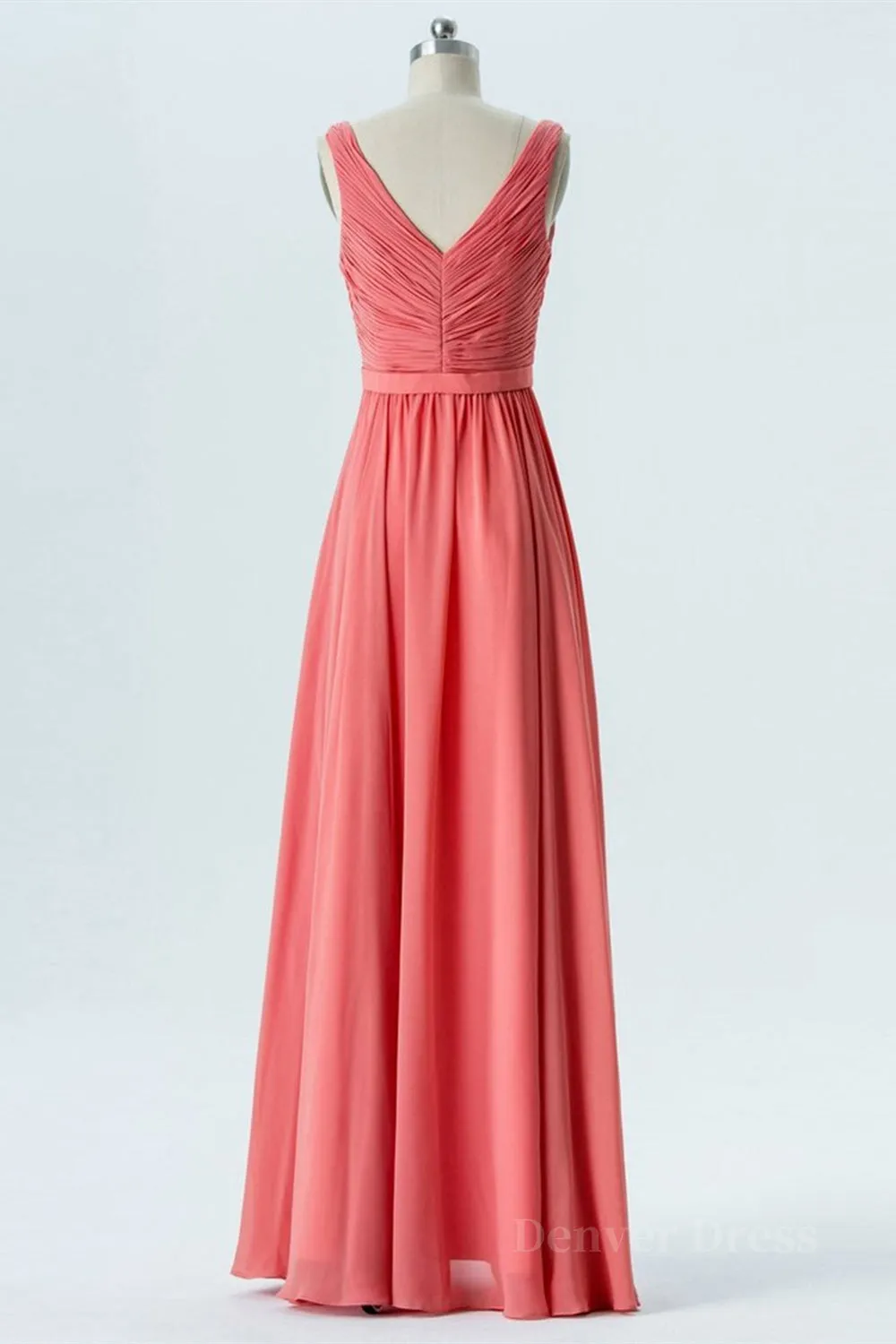 V Neck and V Back High Low Coral Chiffon Long Prom Dresses Long Coral Formal Evening Bridesmaid Dresses with Slit