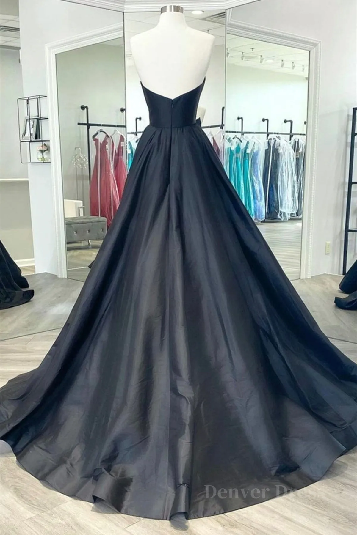 V Neck Strapless Black Satin Long Prom Dresses Strapless Black Formal Dresses Long Black Evening Dresses