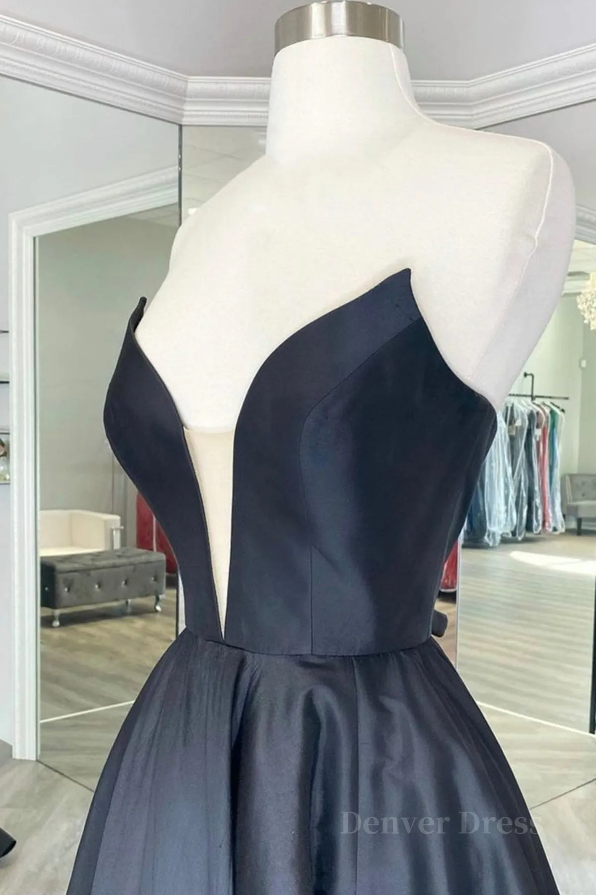 V Neck Strapless Black Satin Long Prom Dresses Strapless Black Formal Dresses Long Black Evening Dresses