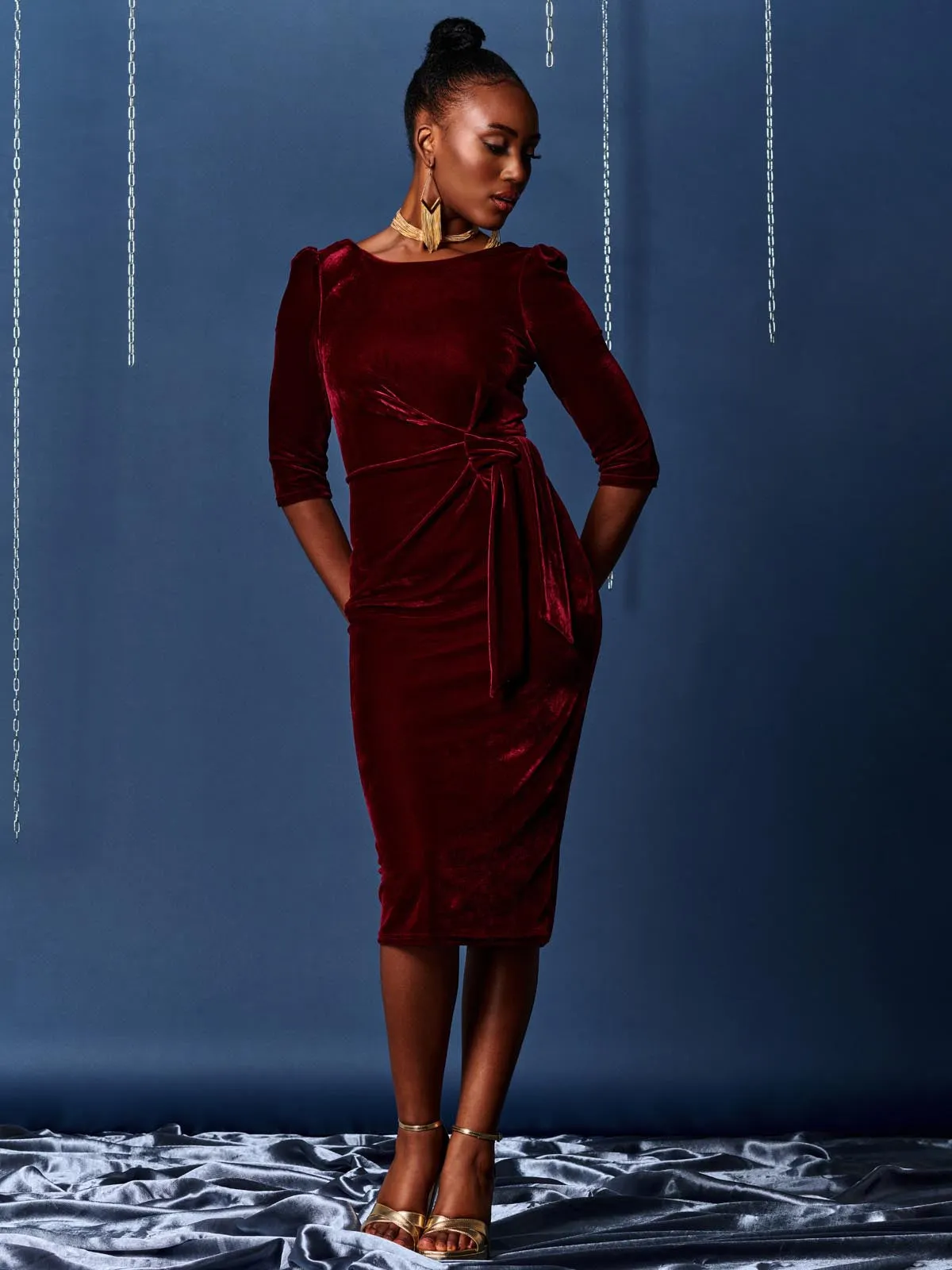 Velvet Tie Detail Bodycon Dress, Burgundy