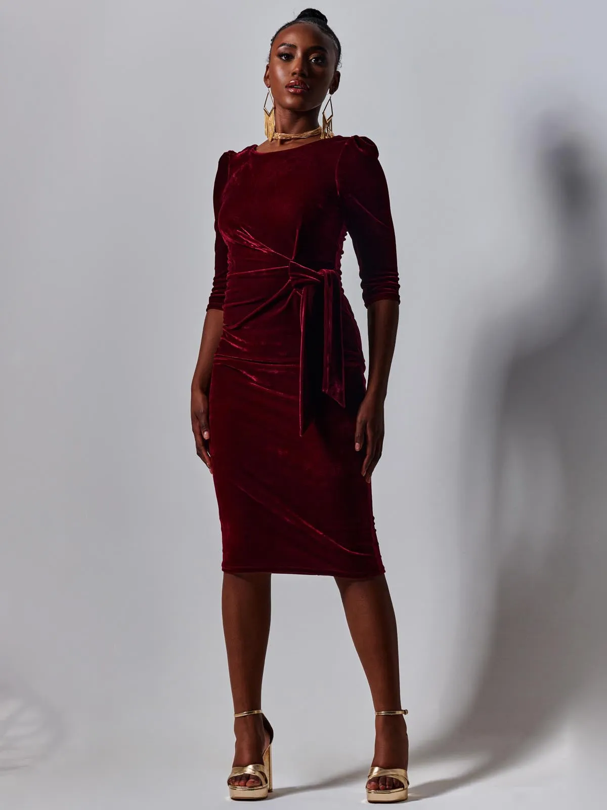 Velvet Tie Detail Bodycon Dress, Burgundy