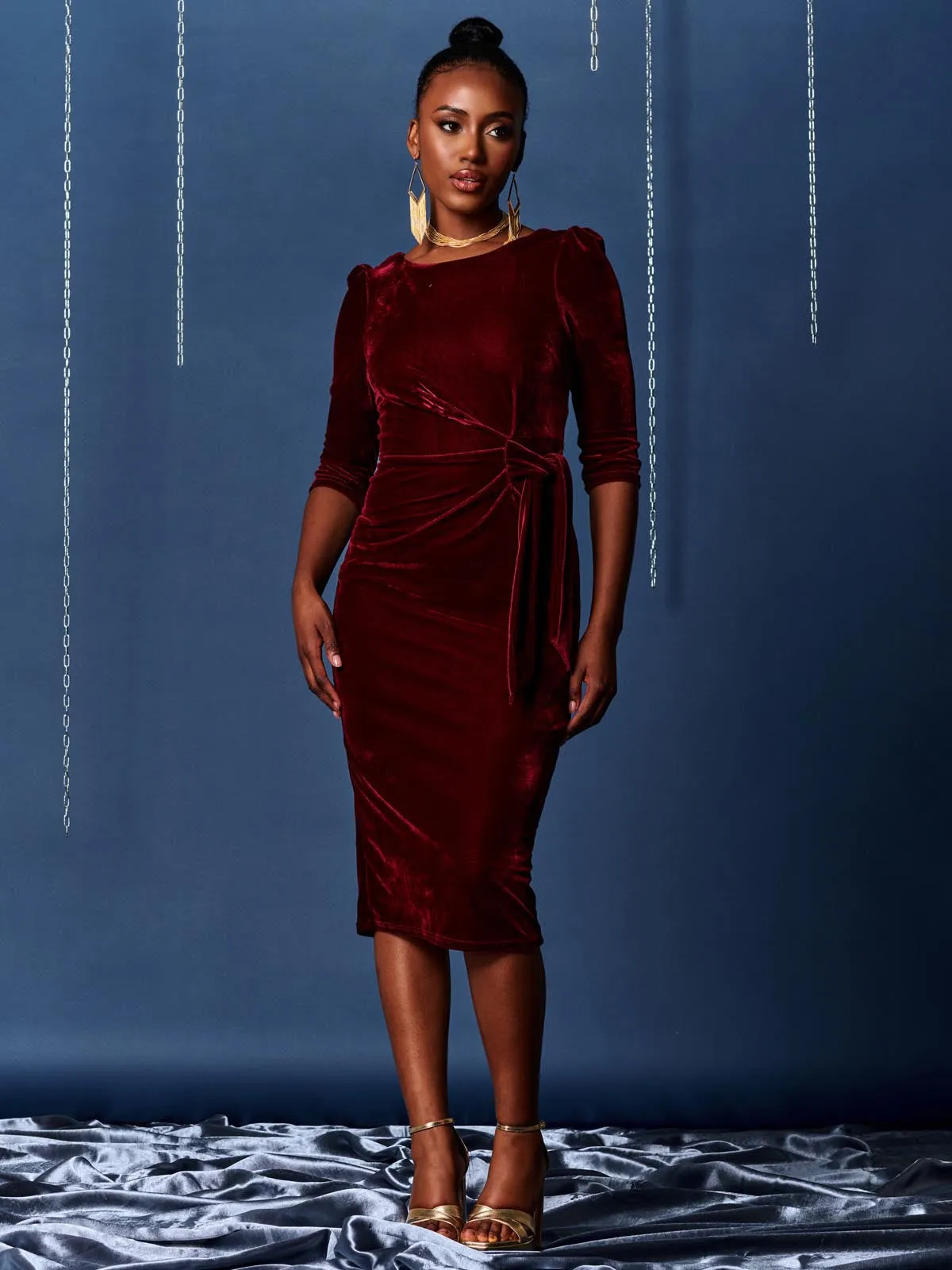 Velvet Tie Detail Bodycon Dress, Burgundy