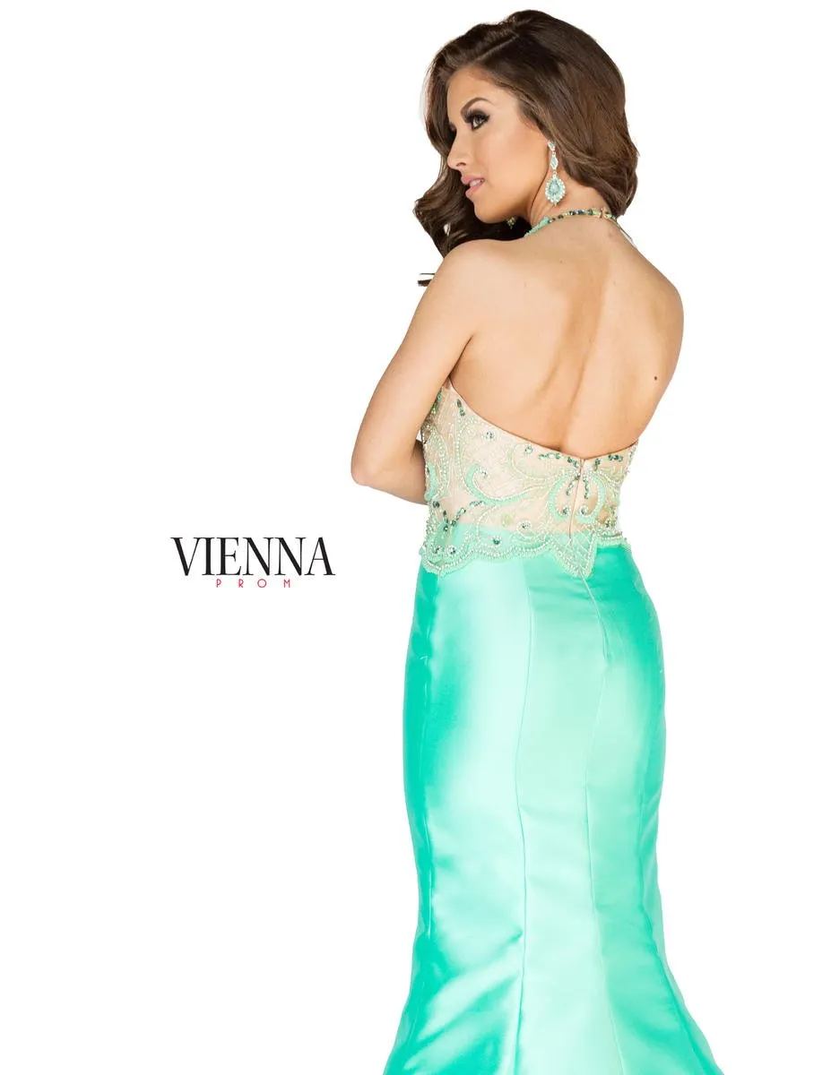 Vienna Prom 8254 Mint Illusion Halter Mermaid Dress