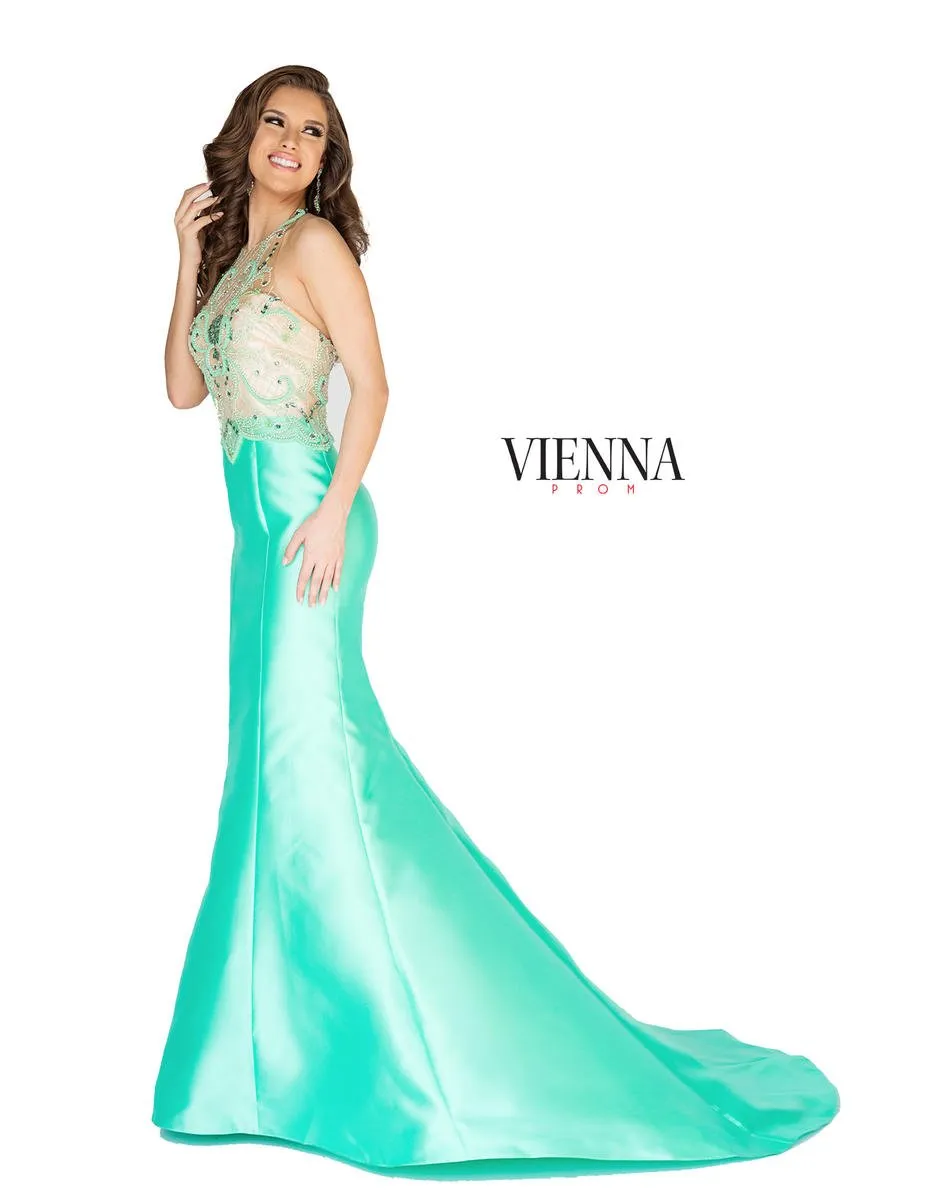 Vienna Prom 8254 Mint Illusion Halter Mermaid Dress