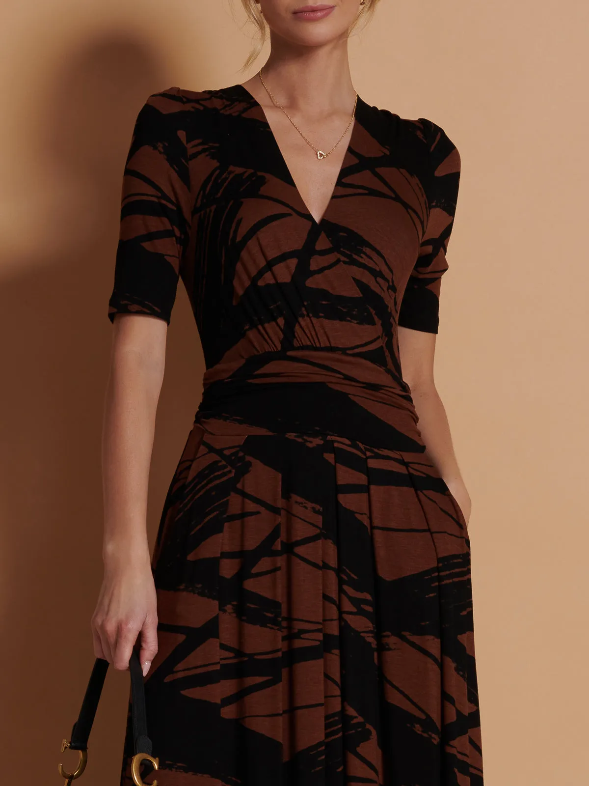 Wrap Front Viscose Maxi Dress, Black Abstract