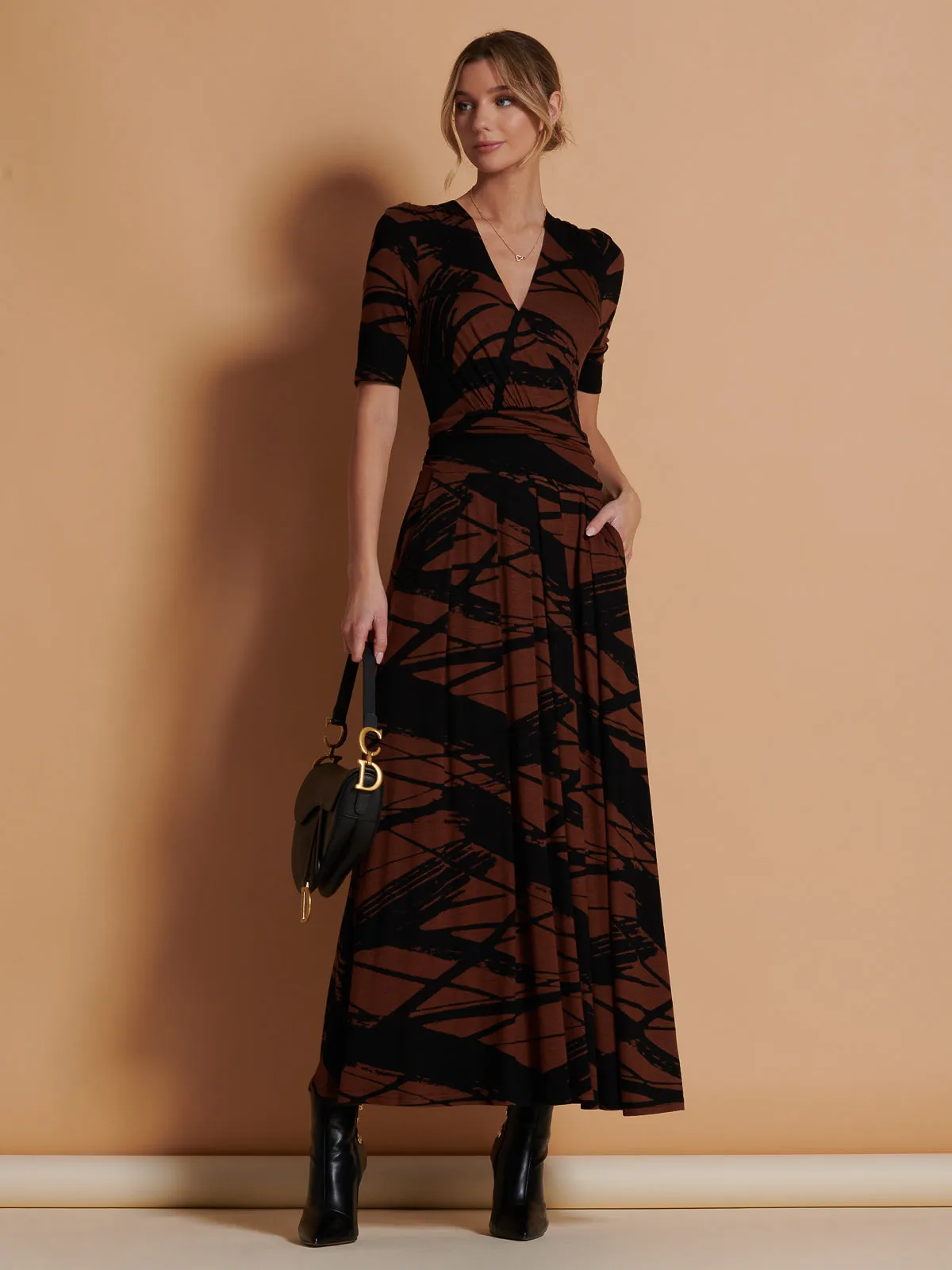 Wrap Front Viscose Maxi Dress, Black Abstract